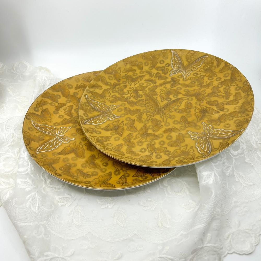 Vintage Dorothy Thorpe DOT14 Gold & White Butterfly Mustard Dinner Plates 10.5"